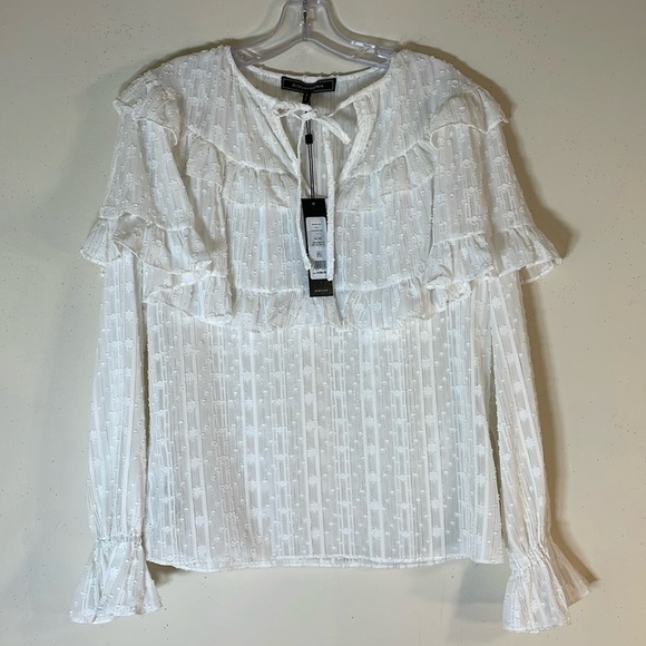 NWT. BCBGMAXAZRIA XS Shimmer Off-White Textured Ruffle Blouse. - Picture 1 of 12